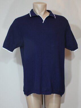 Patrick Assaraf knitwear short casual  sleeve white trim blue sweater size XL
